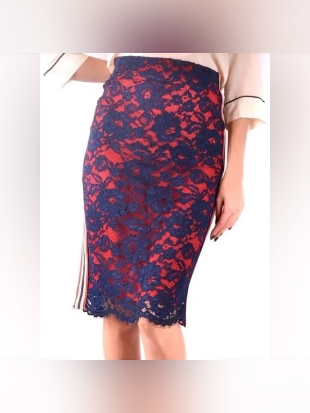Pinko Lace Navy & Red Pencil Skirt NWOT